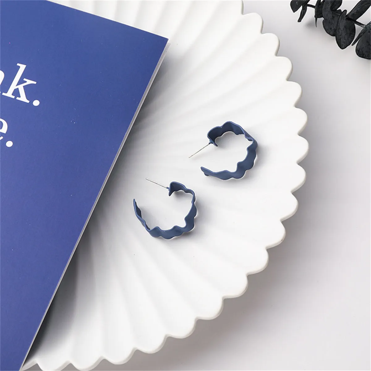 Blue Enamel & Silver-Plated Wave Huggie Earrings