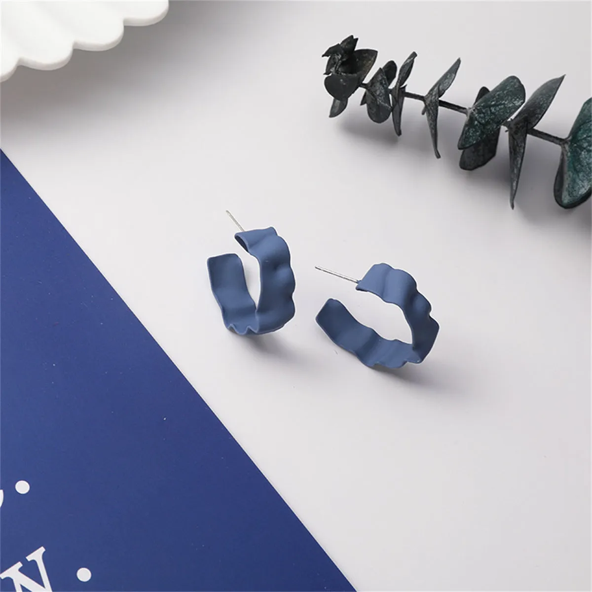 Blue Enamel & Silver-Plated Wave Huggie Earrings