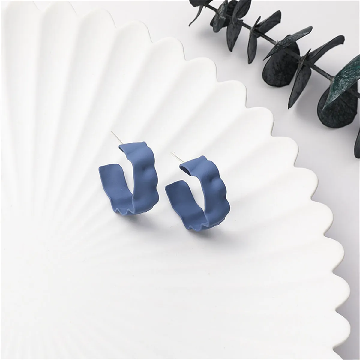 Blue Enamel & Silver-Plated Wave Huggie Earrings