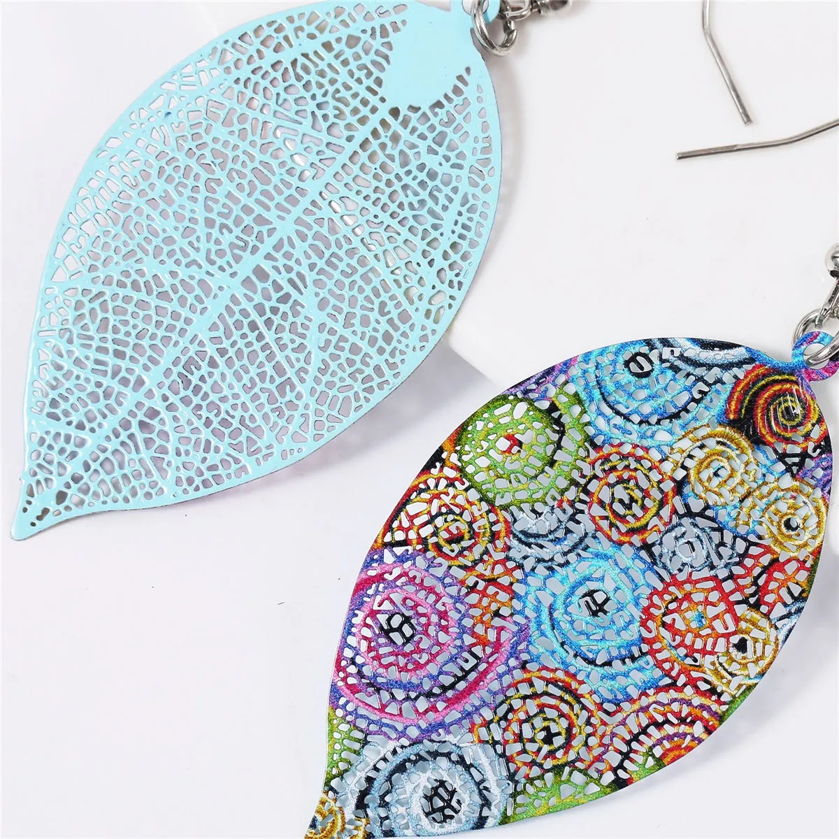 Blue Multicolor Enamel & Silver-Plated Openwork Leaves Drop Earrings