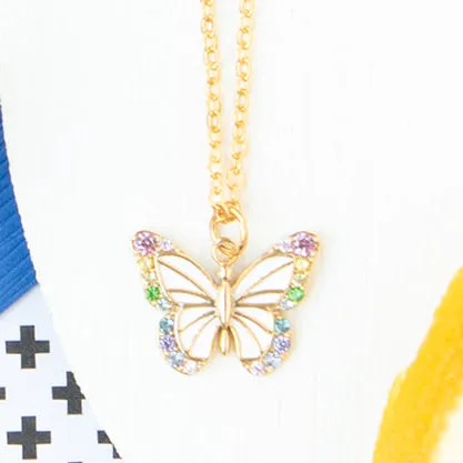 Butterfly Insect Rainbow CZ Enamel Charm Necklace
