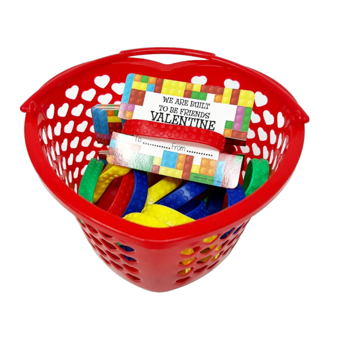 Cheep n Cheerful Valentine Kiddie Card Basket with 16ct Brick Bracelets and Valentine Cards, Deluxe Valentine Novelty, Kids Valentine, 33 pcs