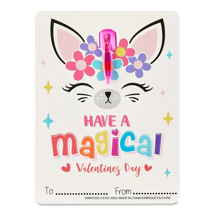 Cheep N Cheerful Valentine Kiddie Card Basket with 16ct Mini Pens and Unicorn Cards, Deluxe Valentine Cards, Kids valentines, 33 pcs