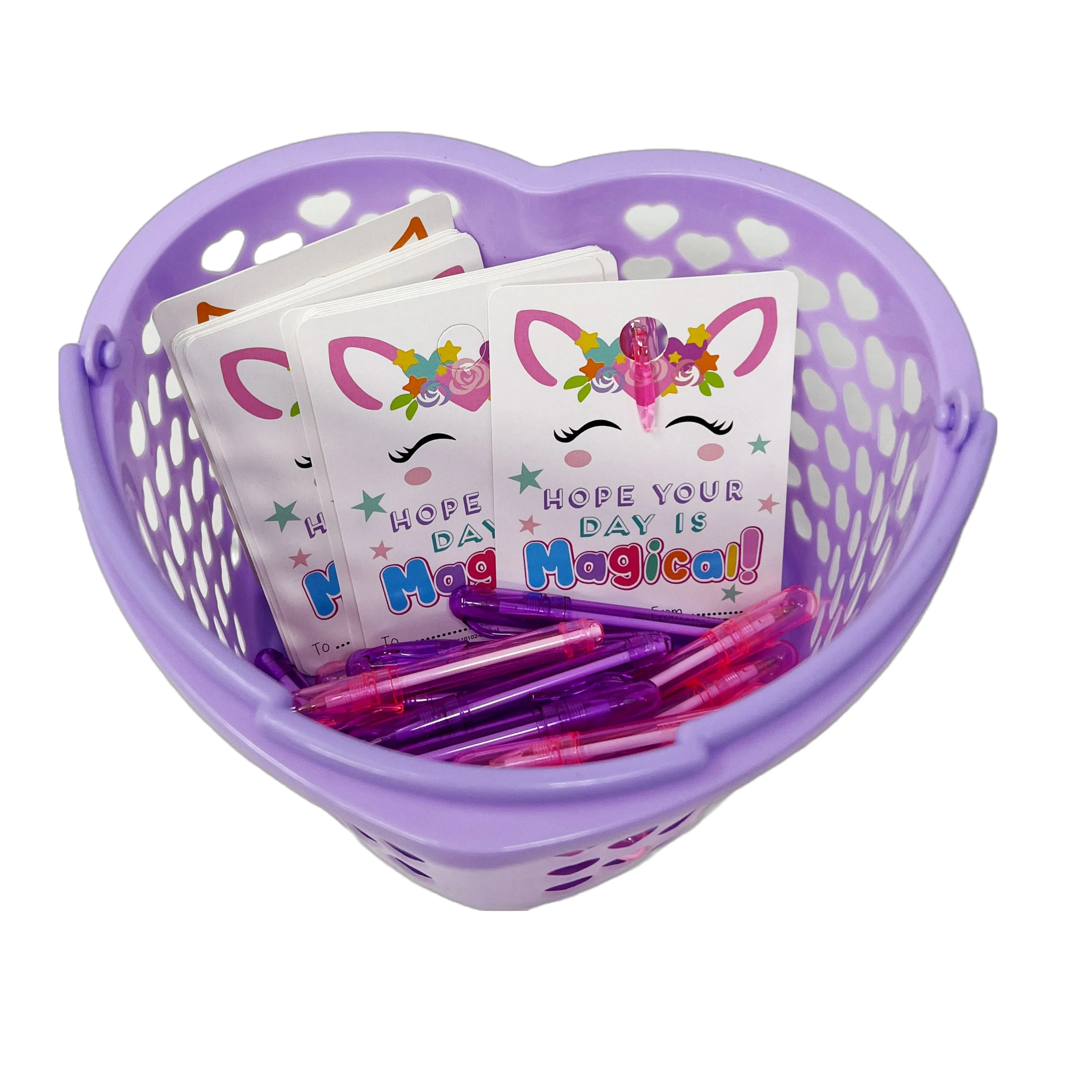 Cheep N Cheerful Valentine Kiddie Card Basket with 16ct Mini Pens and Unicorn Cards, Deluxe Valentine Cards, Kids valentines, 33 pcs