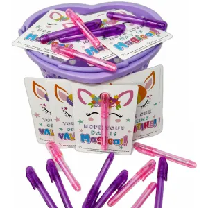 Cheep N Cheerful Valentine Kiddie Card Basket with 16ct Mini Pens and Unicorn Cards, Deluxe Valentine Cards, Kids valentines, 33 pcs