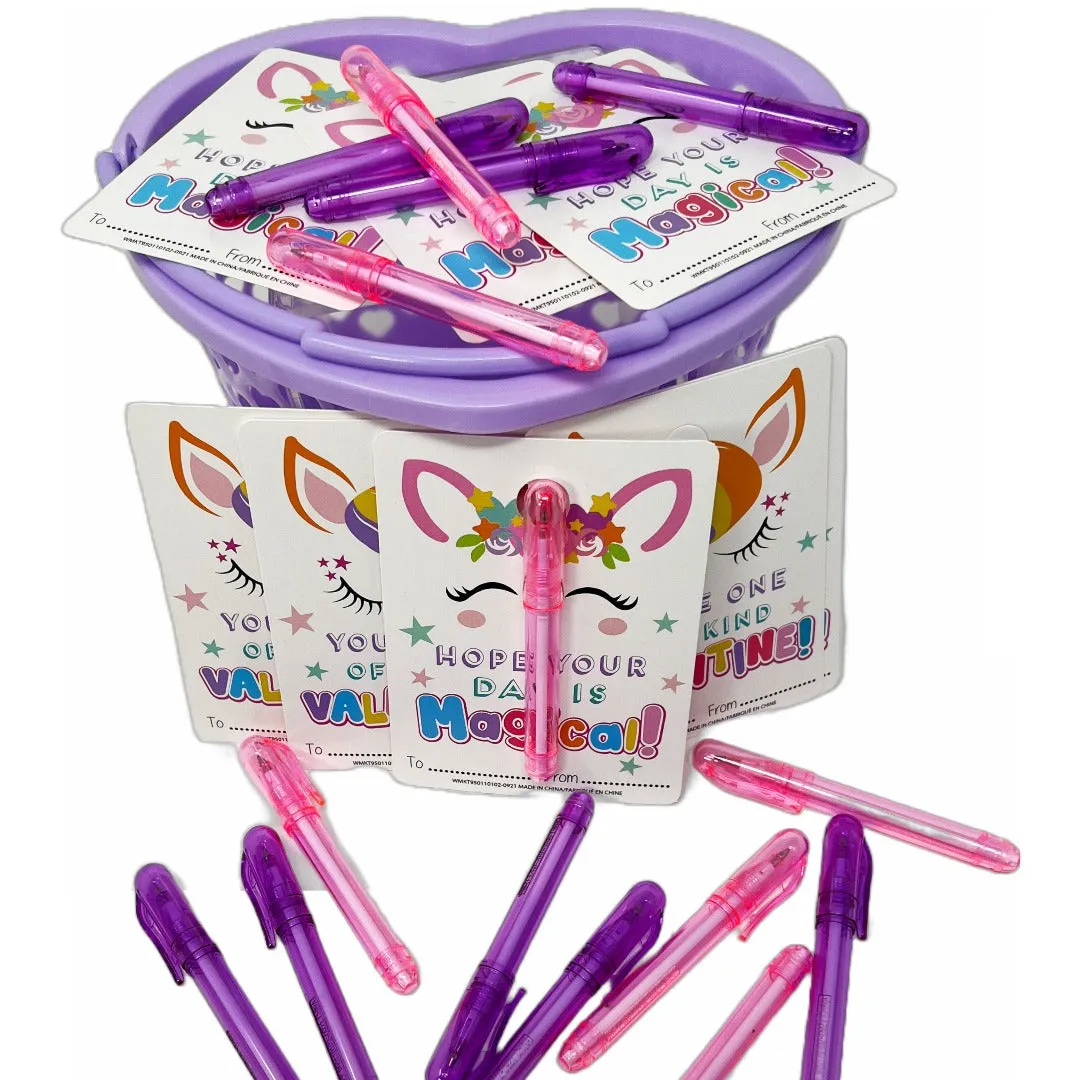 Cheep N Cheerful Valentine Kiddie Card Basket with 16ct Mini Pens and Unicorn Cards, Deluxe Valentine Cards, Kids valentines, 33 pcs