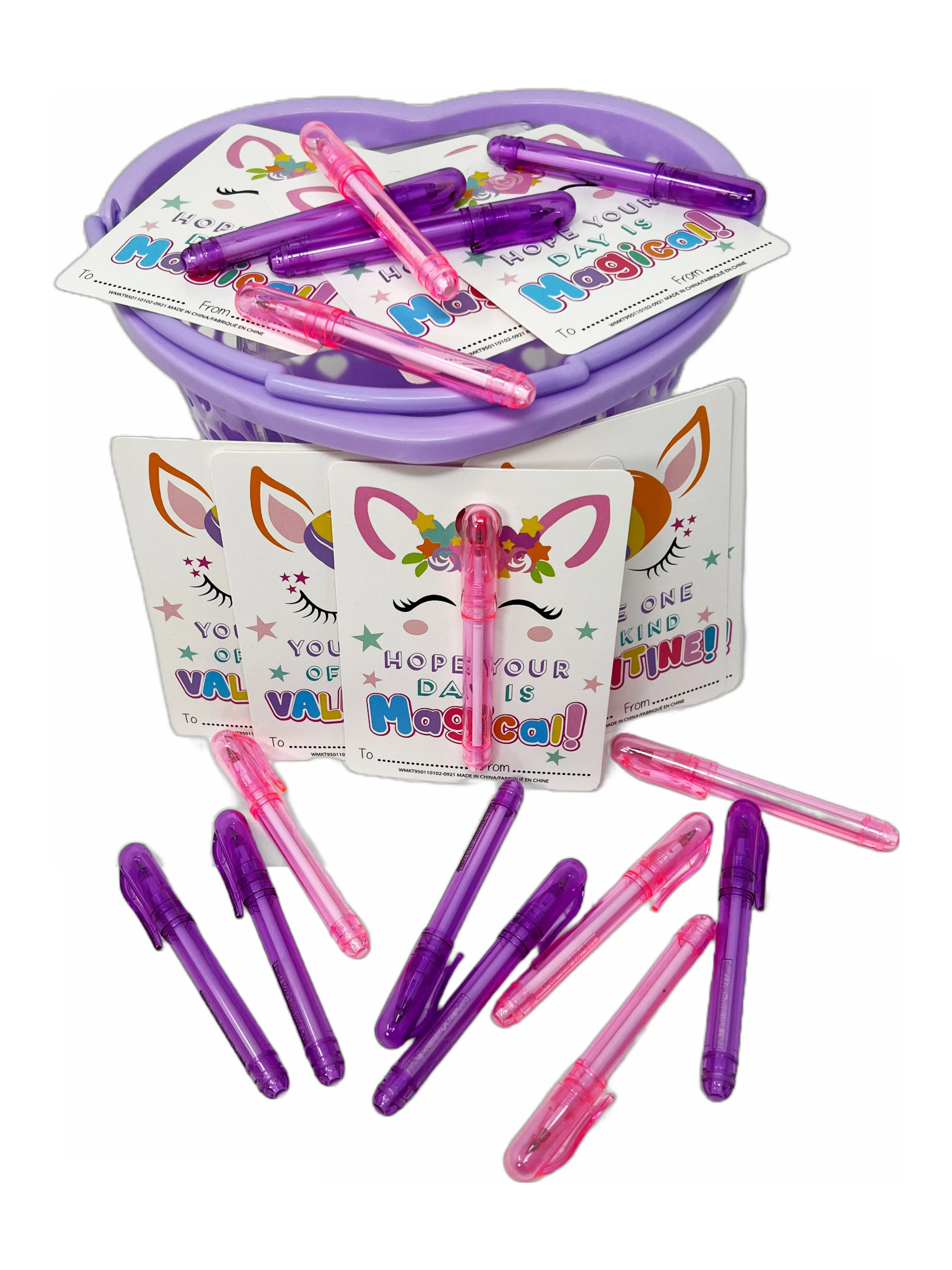 Cheep N Cheerful Valentine Kiddie Card Basket with 16ct Mini Pens and Unicorn Cards, Deluxe Valentine Cards, Kids valentines, 33 pcs