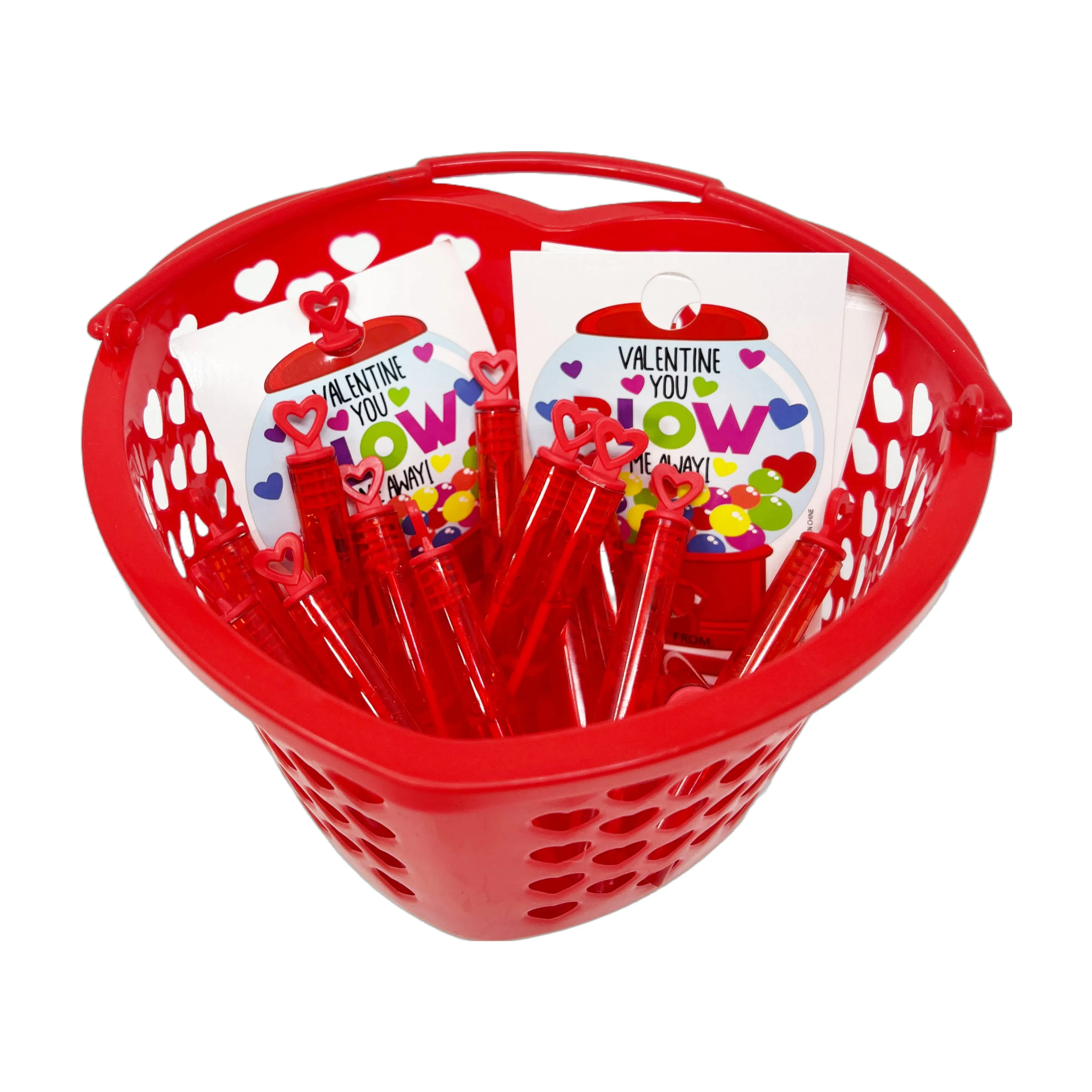 Cheep N Cheerful Valentine Kiddie Card Heart Basket with 16ct Bubble Wands and Cards, Valentine Party Favors, Kids Valentine