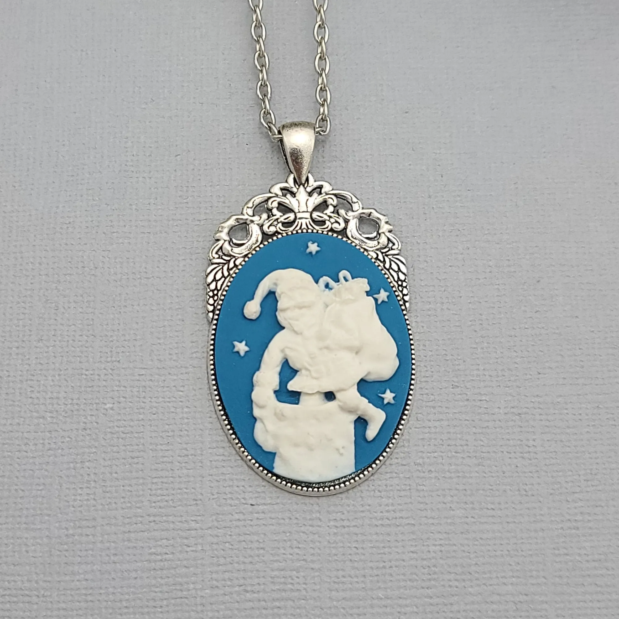 Christmas Theme Santa Cameo in Antiqued Silver Frame Necklace Pendant.