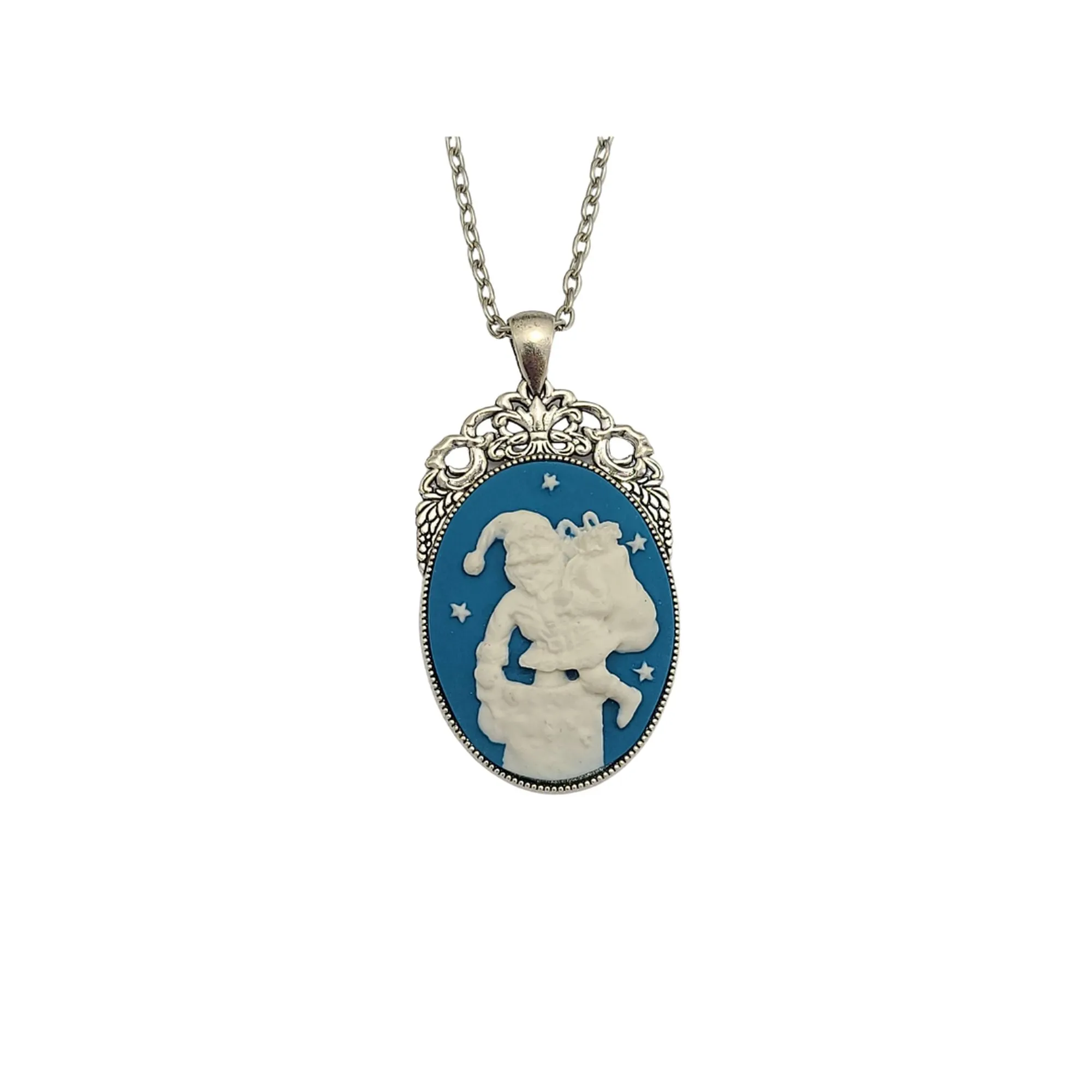 Christmas Theme Santa Cameo in Antiqued Silver Frame Necklace Pendant.