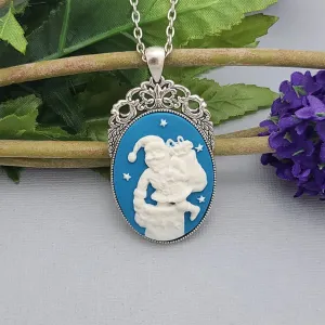 Christmas Theme Santa Cameo in Antiqued Silver Frame Necklace Pendant.