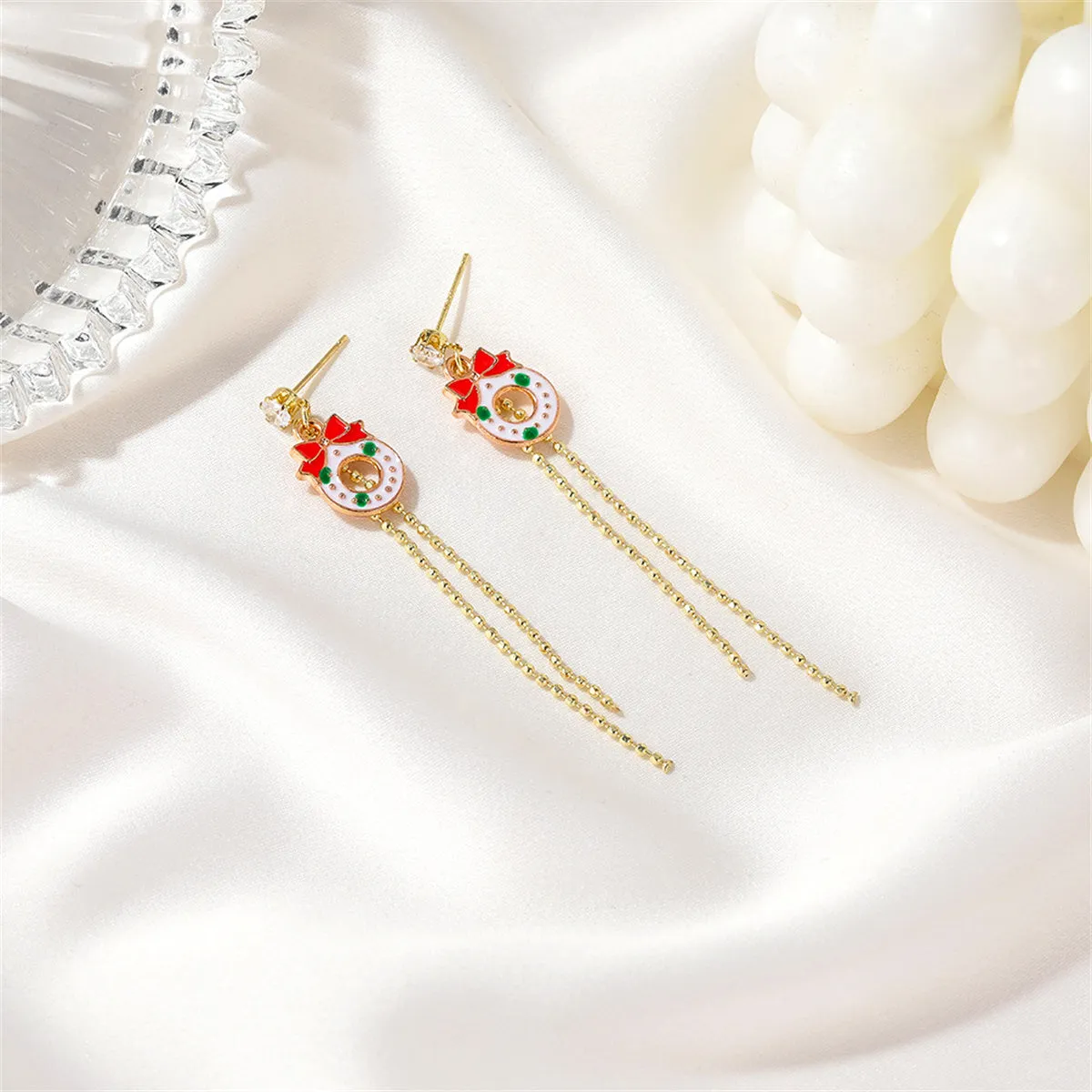 Cubic Zirconia & Enamel 18K Gold-Plated Christmas Bow Tassel Drop Earrings
