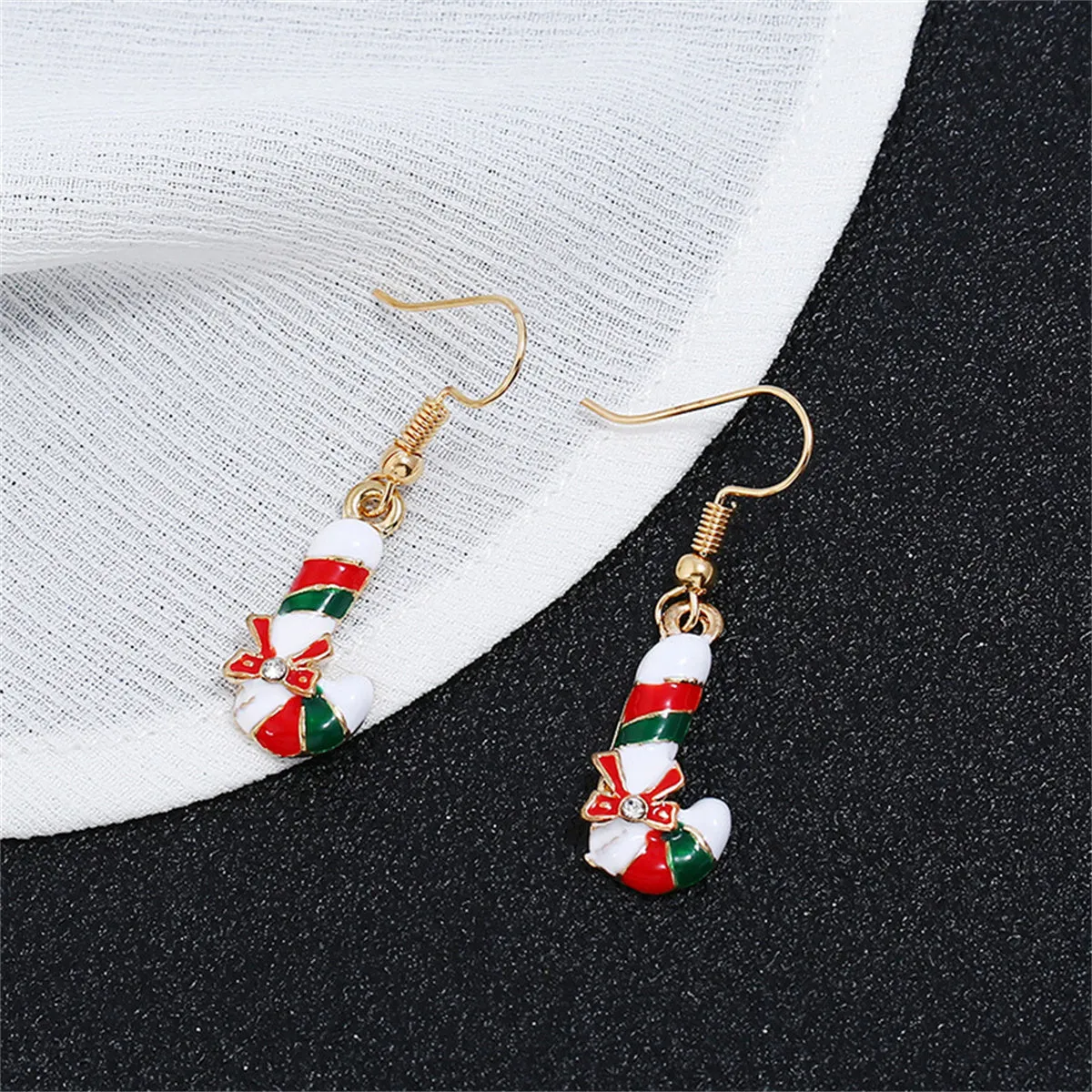 Cubic Zirconia & Enamel 18K Gold-Plated Christmas Crutch Drop Earrings