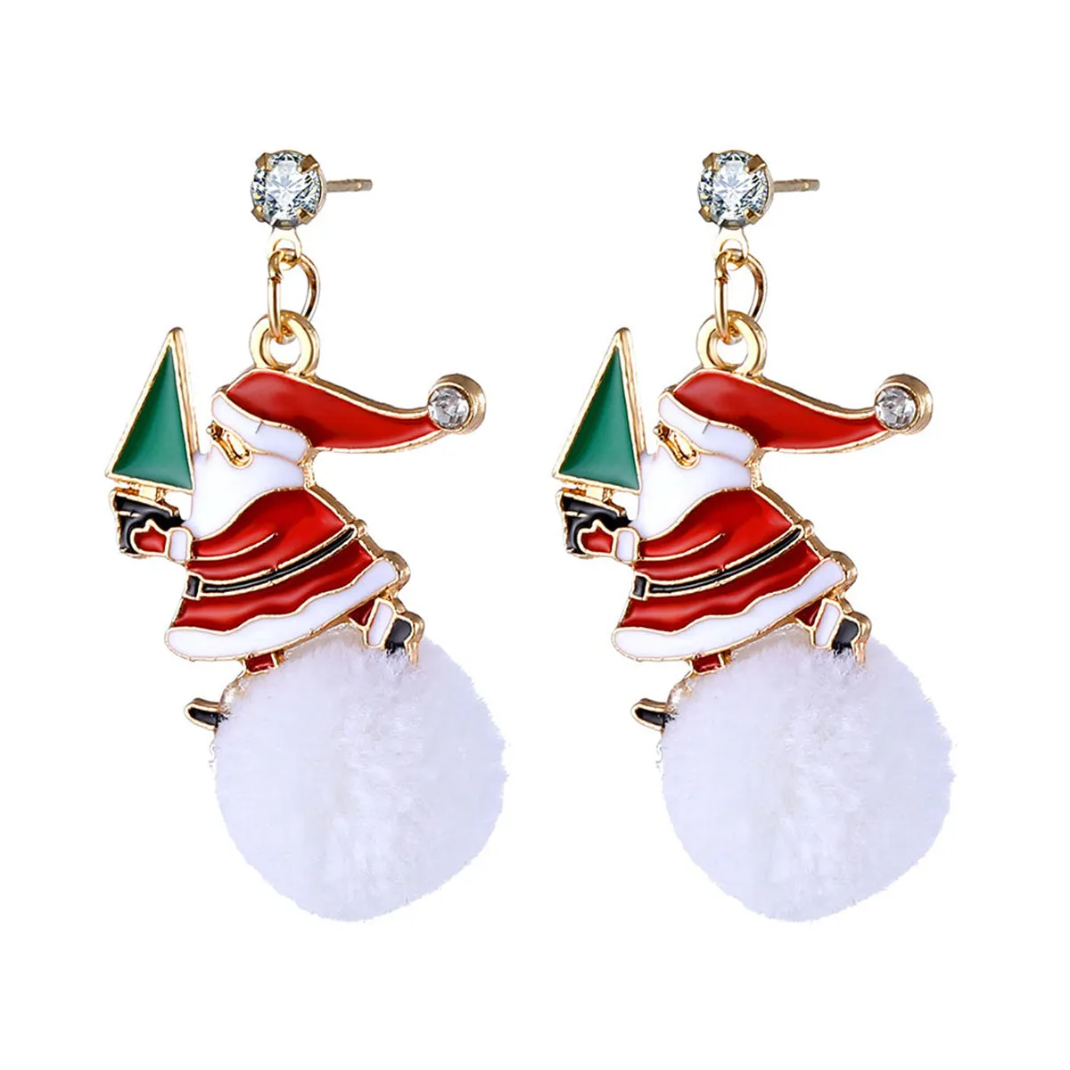 Cubic Zirconia & Red Santa Tree Pom-Pom Drop Earrings