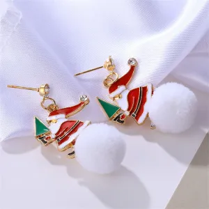 Cubic Zirconia & Red Santa Tree Pom-Pom Drop Earrings