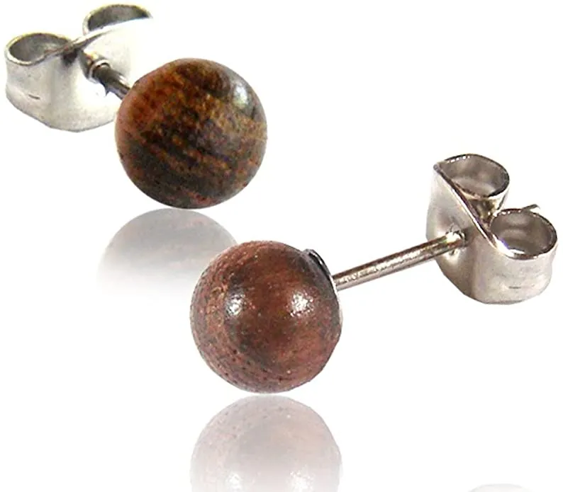 Earth Accessories Ball Stud Earrings for Women - Earring Set with Organic Wood - Ear Rings with Surgical Steel
