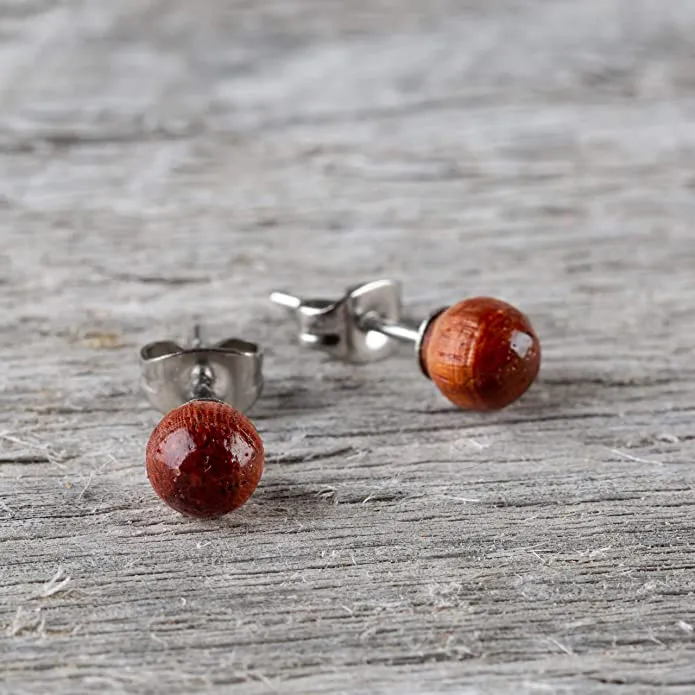 Earth Accessories Ball Stud Earrings for Women - Earring Set with Organic Wood - Ear Rings with Surgical Steel