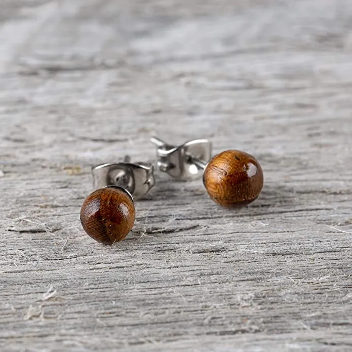 Earth Accessories Ball Stud Earrings for Women - Earring Set with Organic Wood - Ear Rings with Surgical Steel