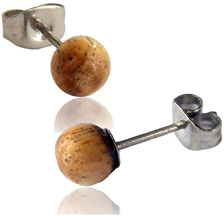 Earth Accessories Ball Stud Earrings for Women - Earring Set with Organic Wood - Ear Rings with Surgical Steel