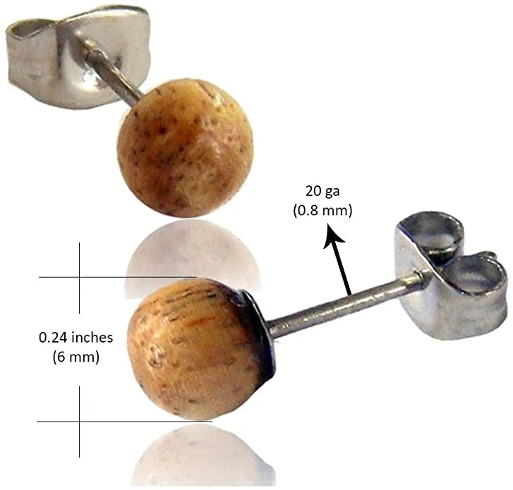 Earth Accessories Ball Stud Earrings for Women - Earring Set with Organic Wood - Ear Rings with Surgical Steel
