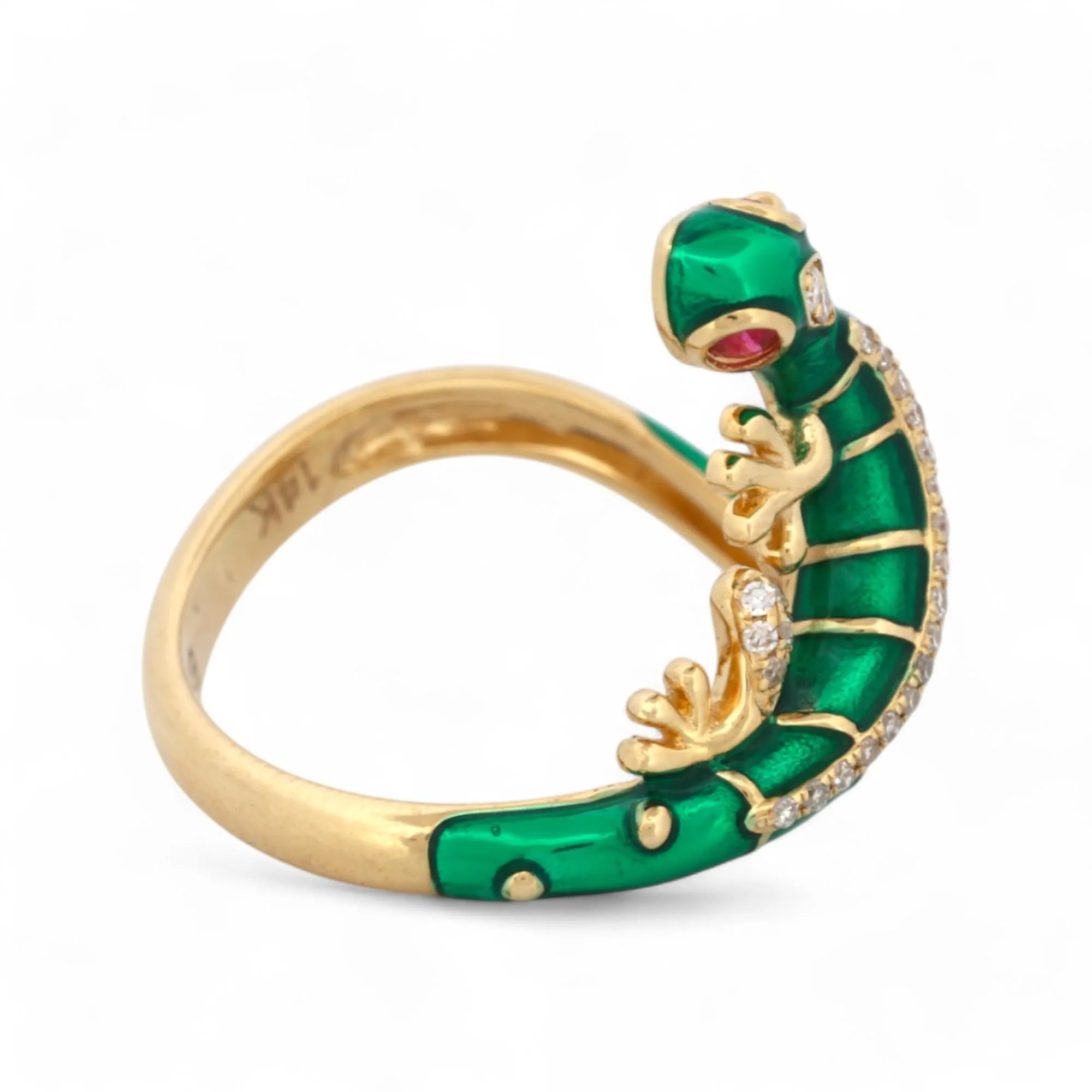 EFFY 14k Yellow Gold Safari Gecko Ring with Diamond Ruby Green Enamel