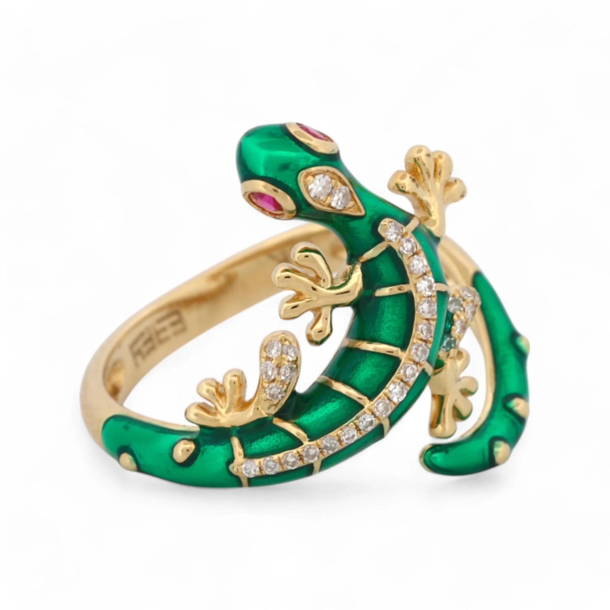 EFFY 14k Yellow Gold Safari Gecko Ring with Diamond Ruby Green Enamel