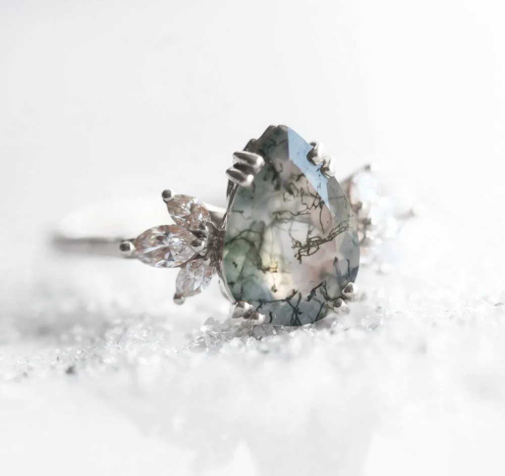 Elenor Pear Moss Agate and Diamond Ring