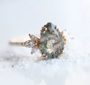 Elenor Pear Moss Agate and Diamond Ring