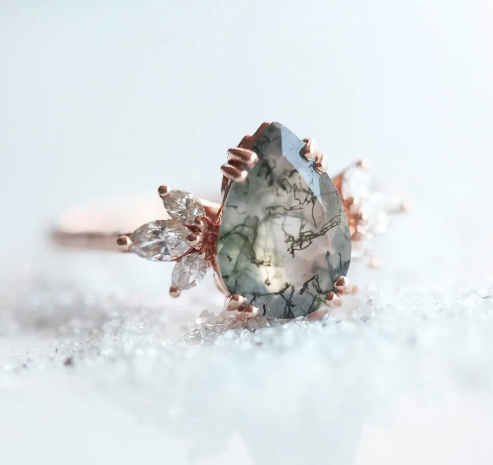 Elenor Pear Moss Agate and Diamond Ring