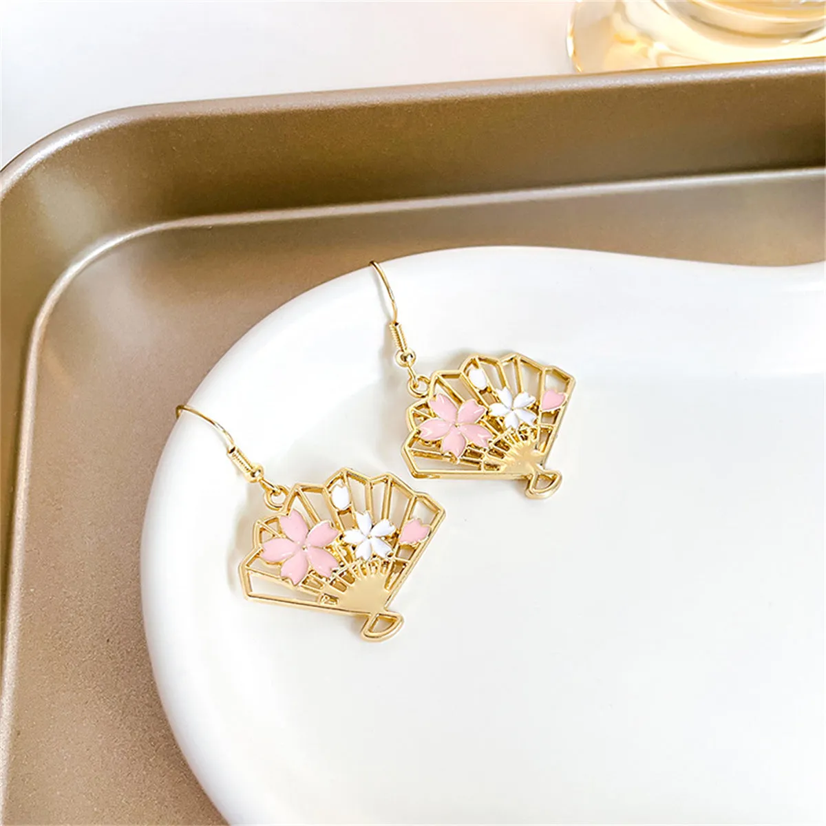 Enamel & 18K Gold-Plated Flower Fan Drop Earrings