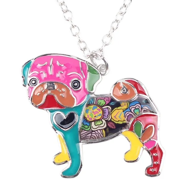 Enamel Pug Dog Pendant Necklace