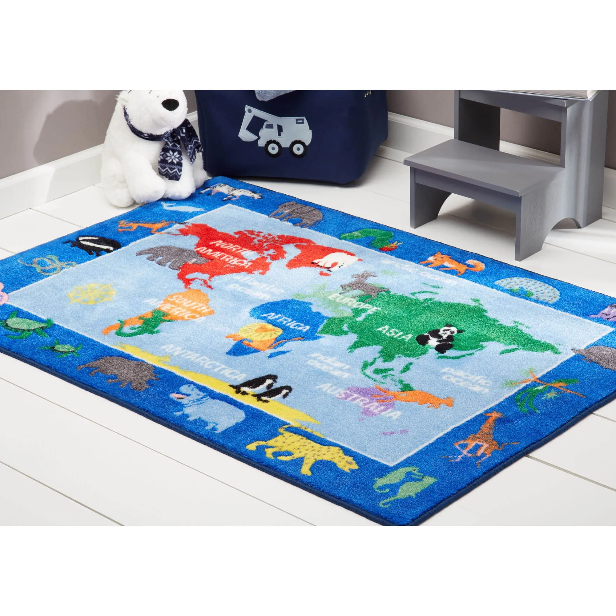 Eric Carle Elementary World Map Kids Machine Washable Area Rug