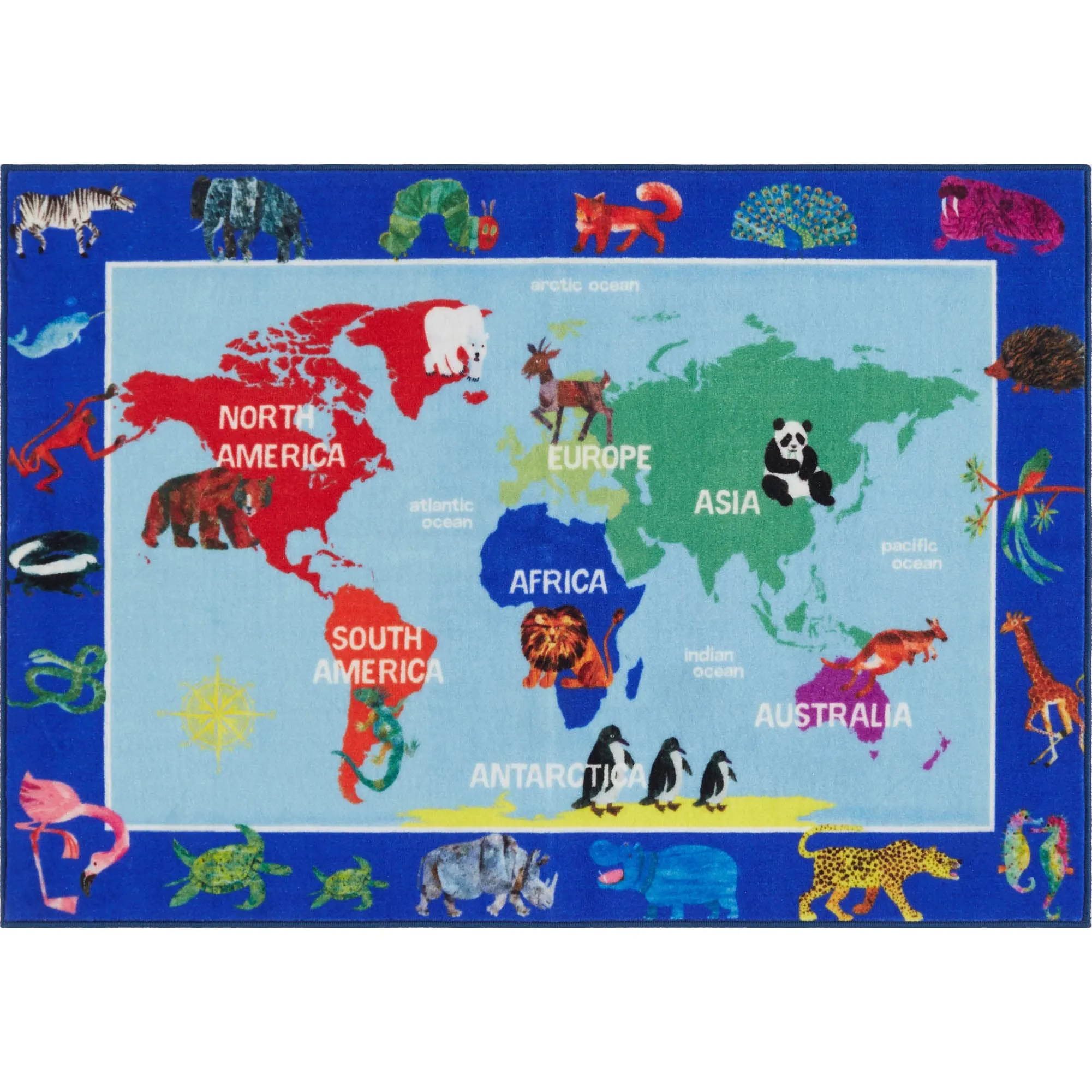 Eric Carle Elementary World Map Kids Machine Washable Area Rug