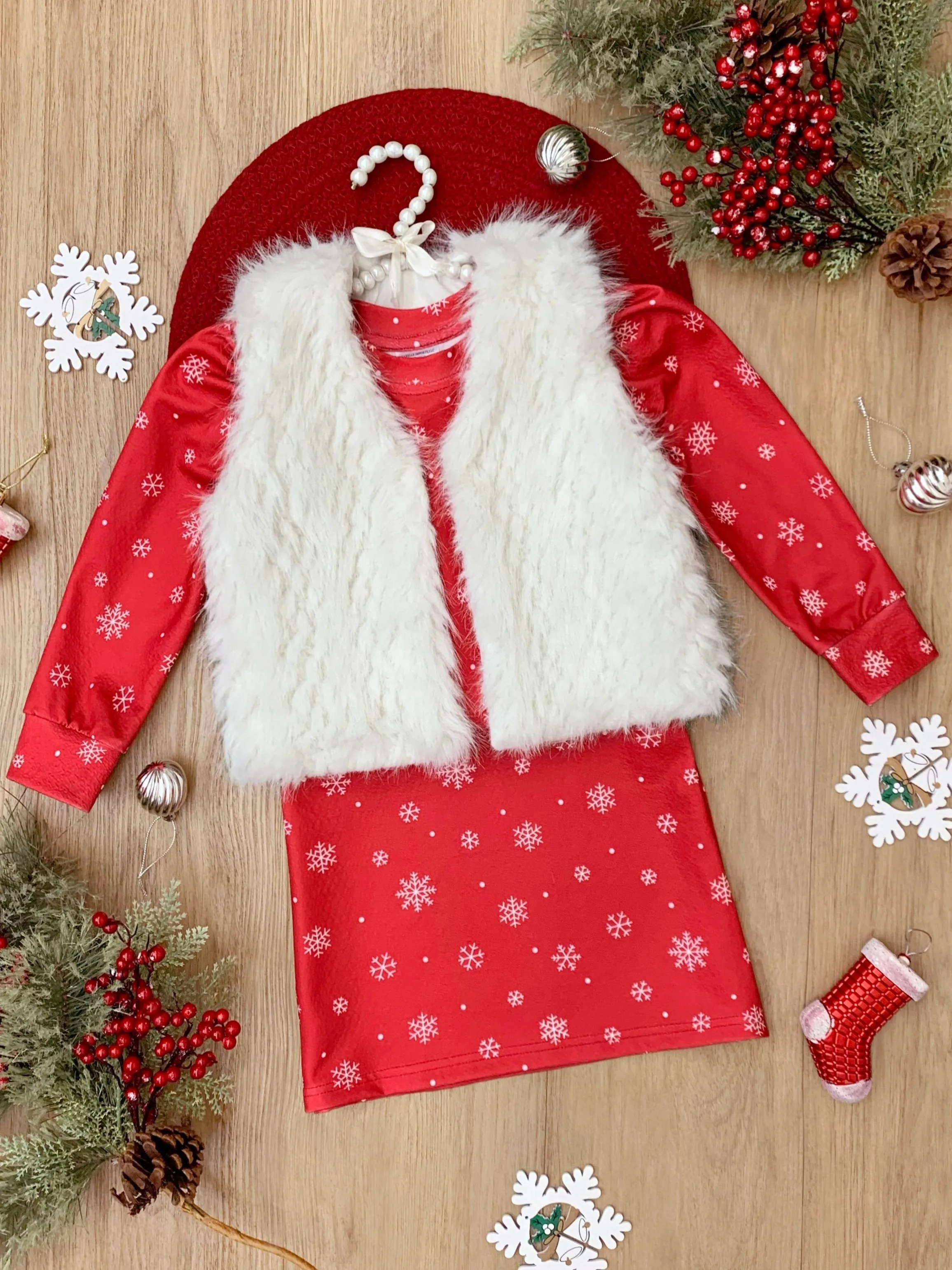 Festive Snowflake Christmas Dress and Faux Fur Vest Set