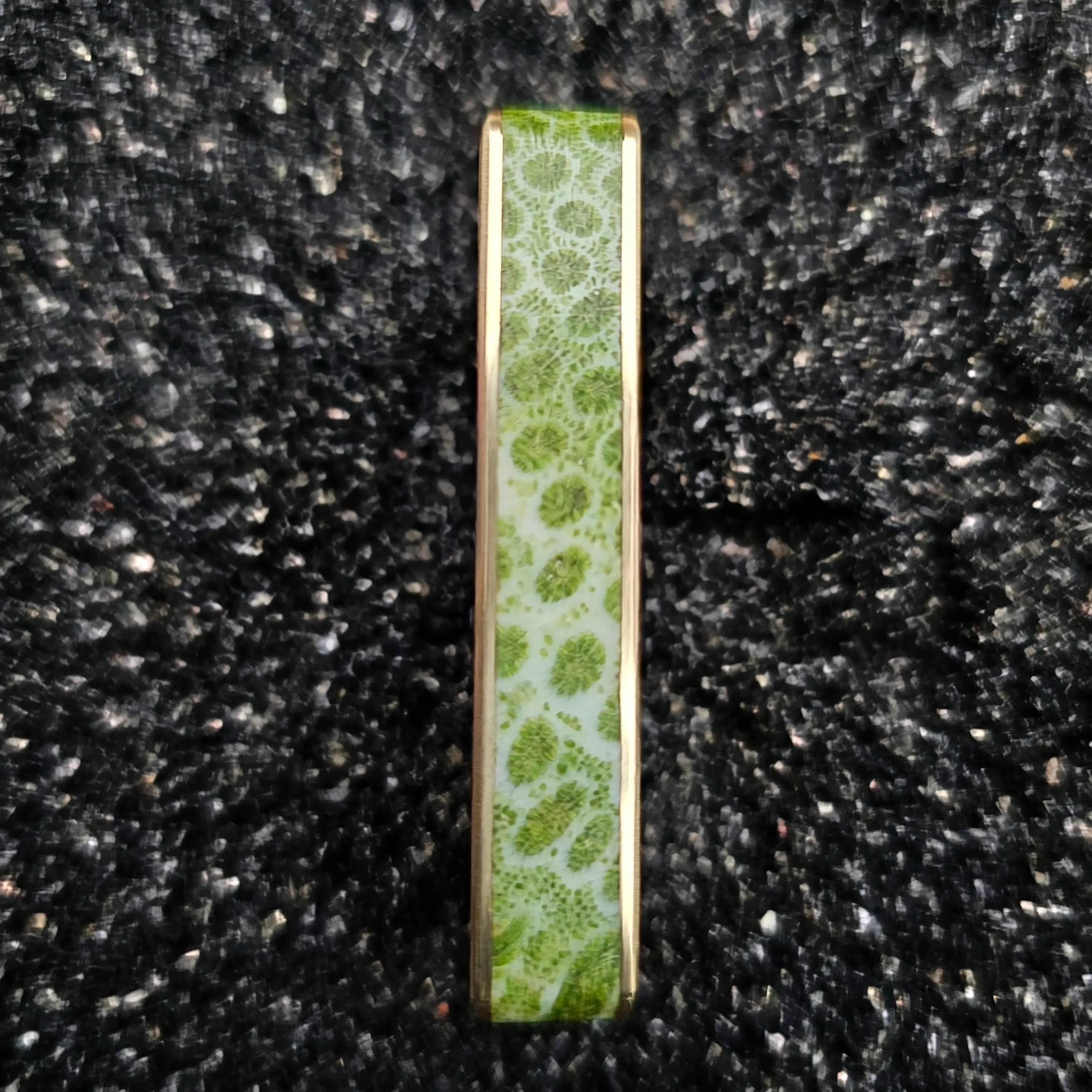 Fossilized Green Coral & Brass Two Finger Ring - Size 13