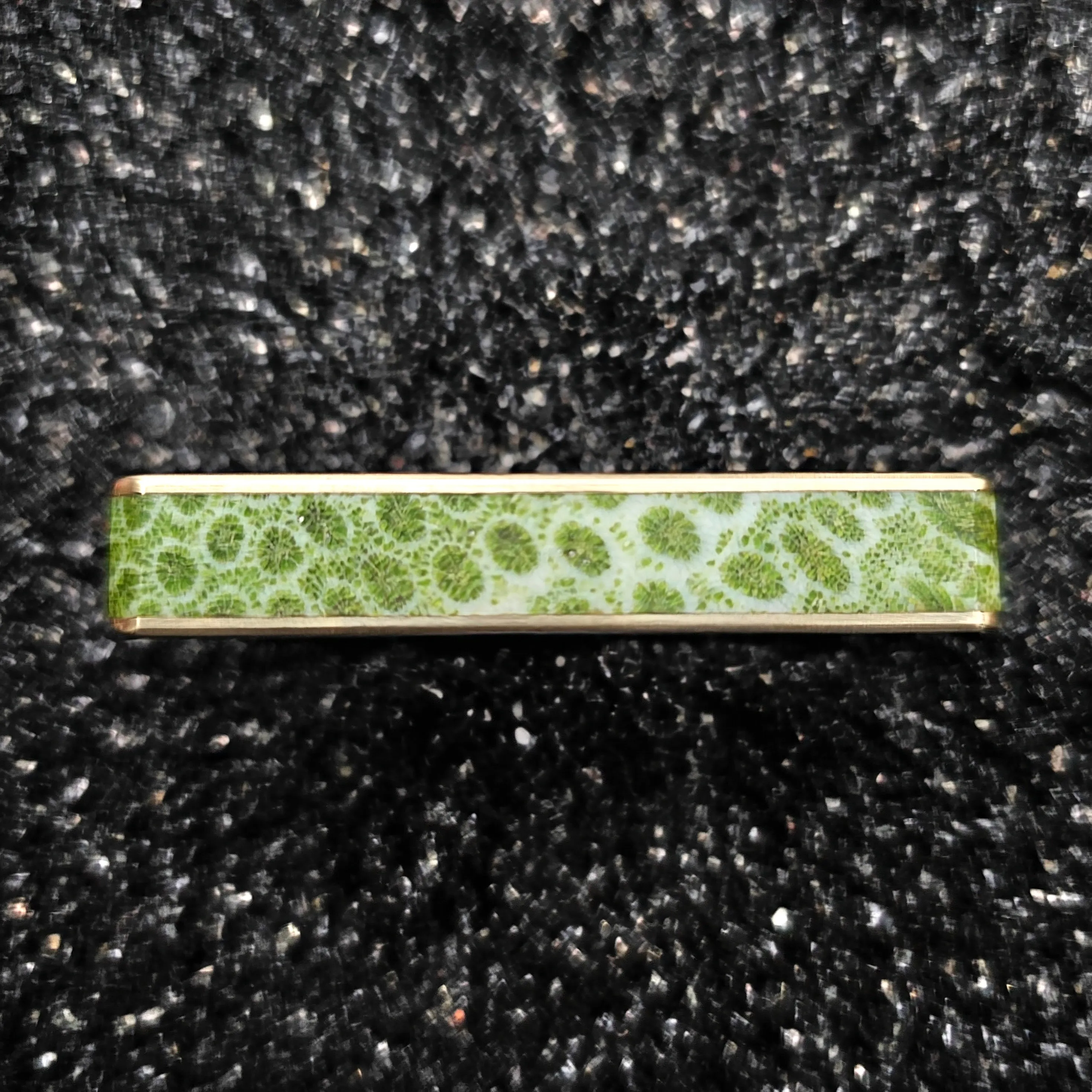 Fossilized Green Coral & Brass Two Finger Ring - Size 13
