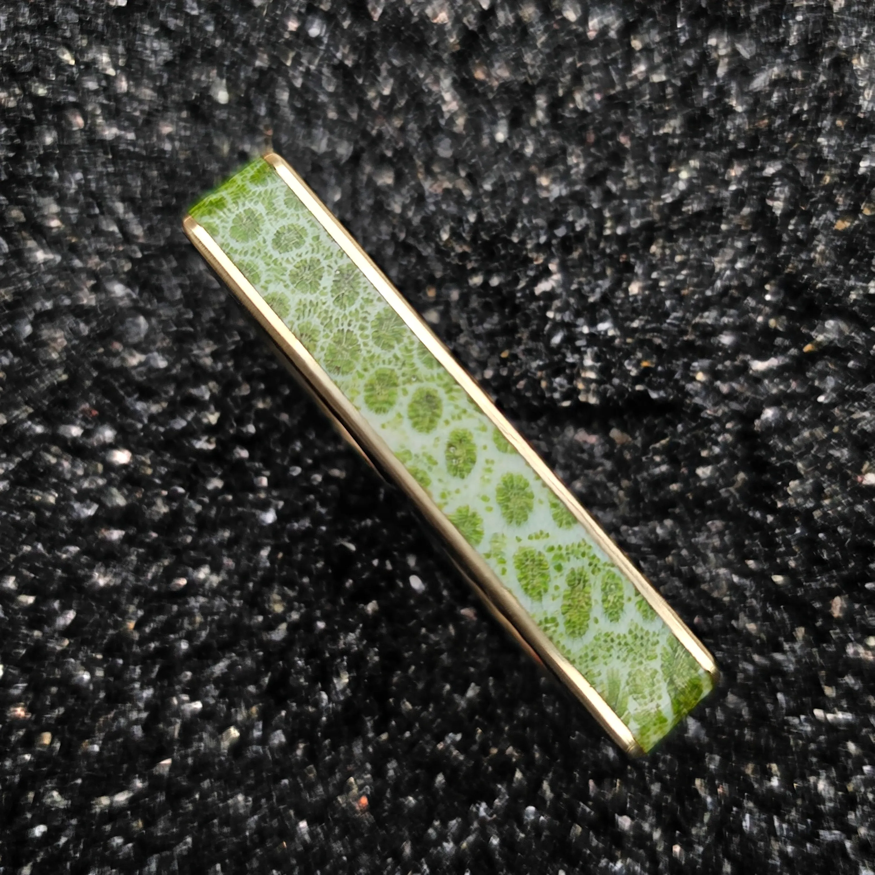 Fossilized Green Coral & Brass Two Finger Ring - Size 13