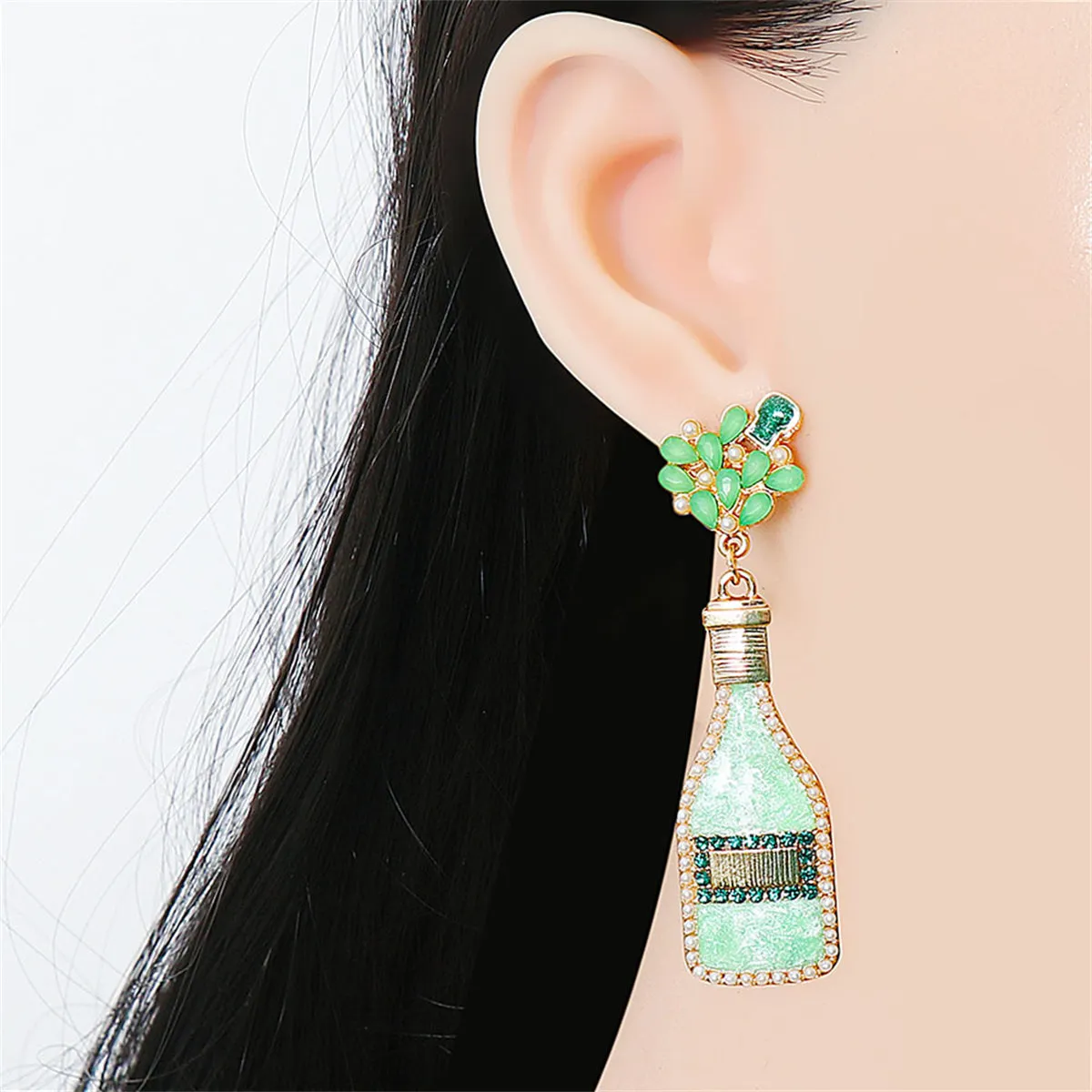 Green Crystal Popping Champagne Drop Earrings