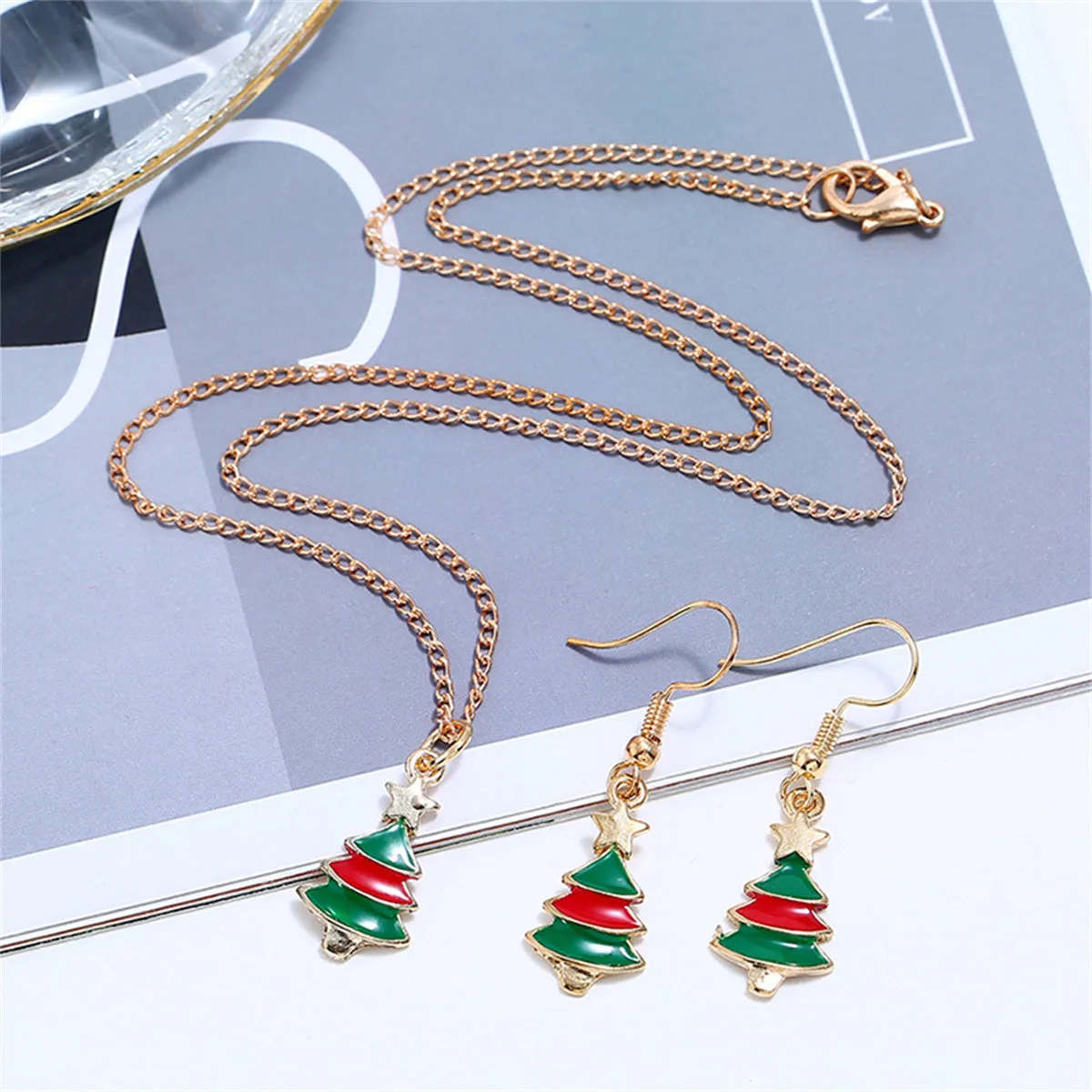 Green Enamel & 18K Gold-Plated Christmas Tree Pendant Necklace Set
