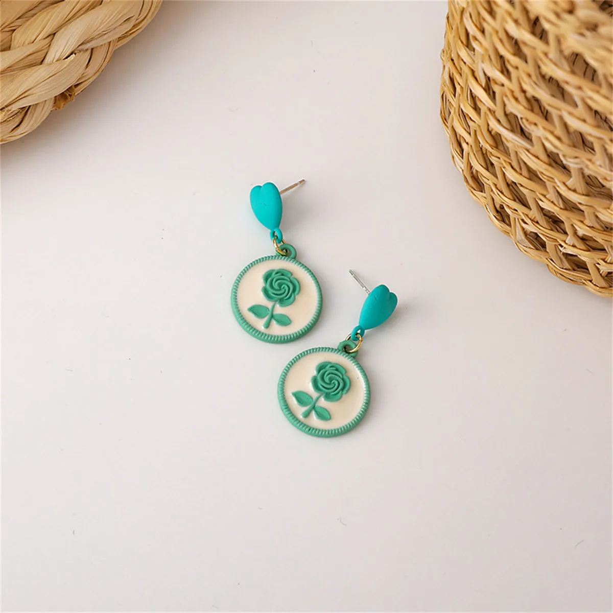 Green Enamel & 18K Gold-Plated Floral Disc Drop Earrings