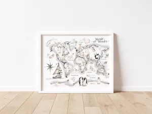 Grey Boat Animal World Map Print