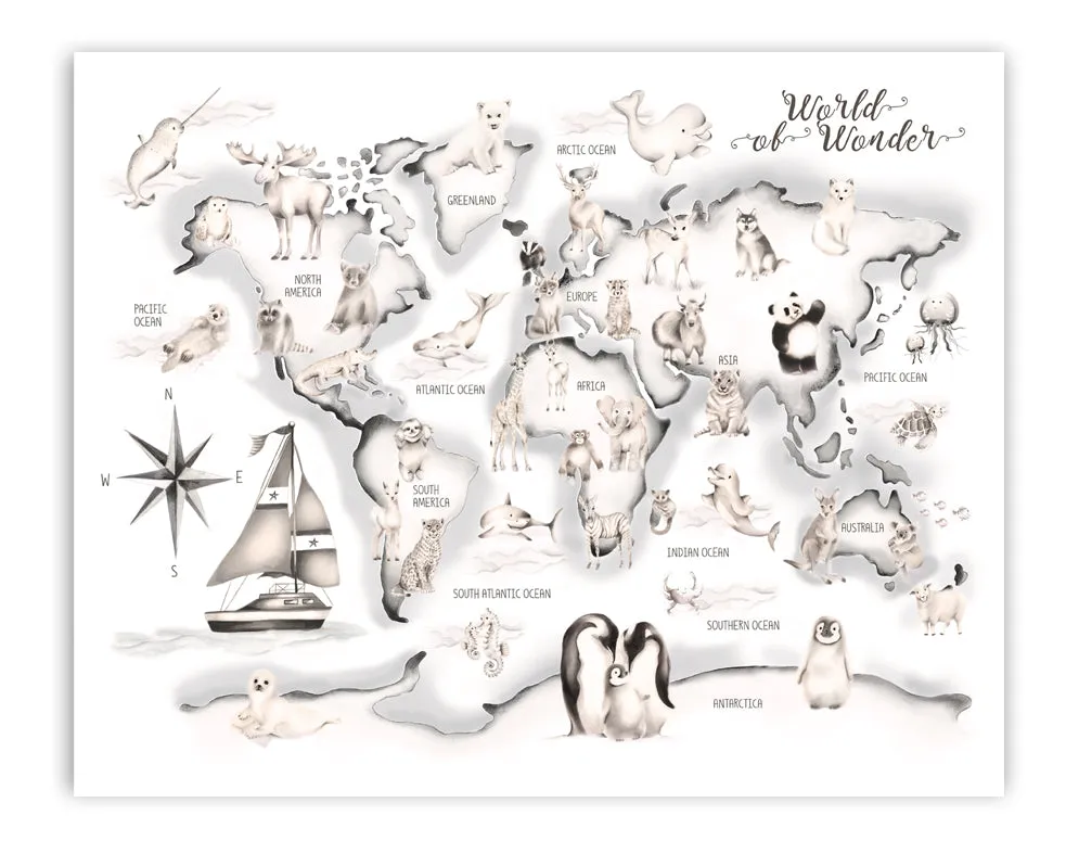 Grey Boat Animal World Map Print