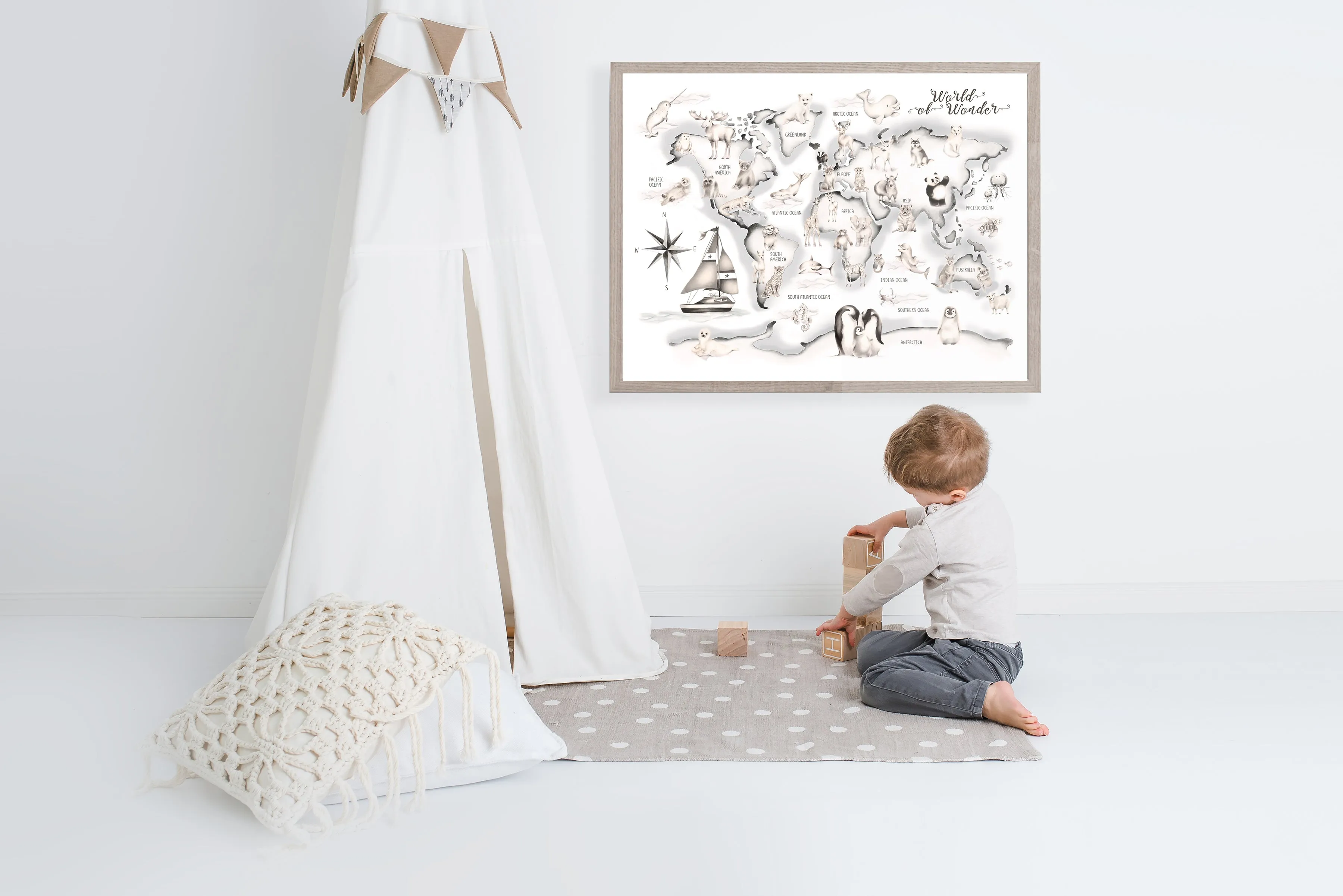 Grey Boat Animal World Map Print