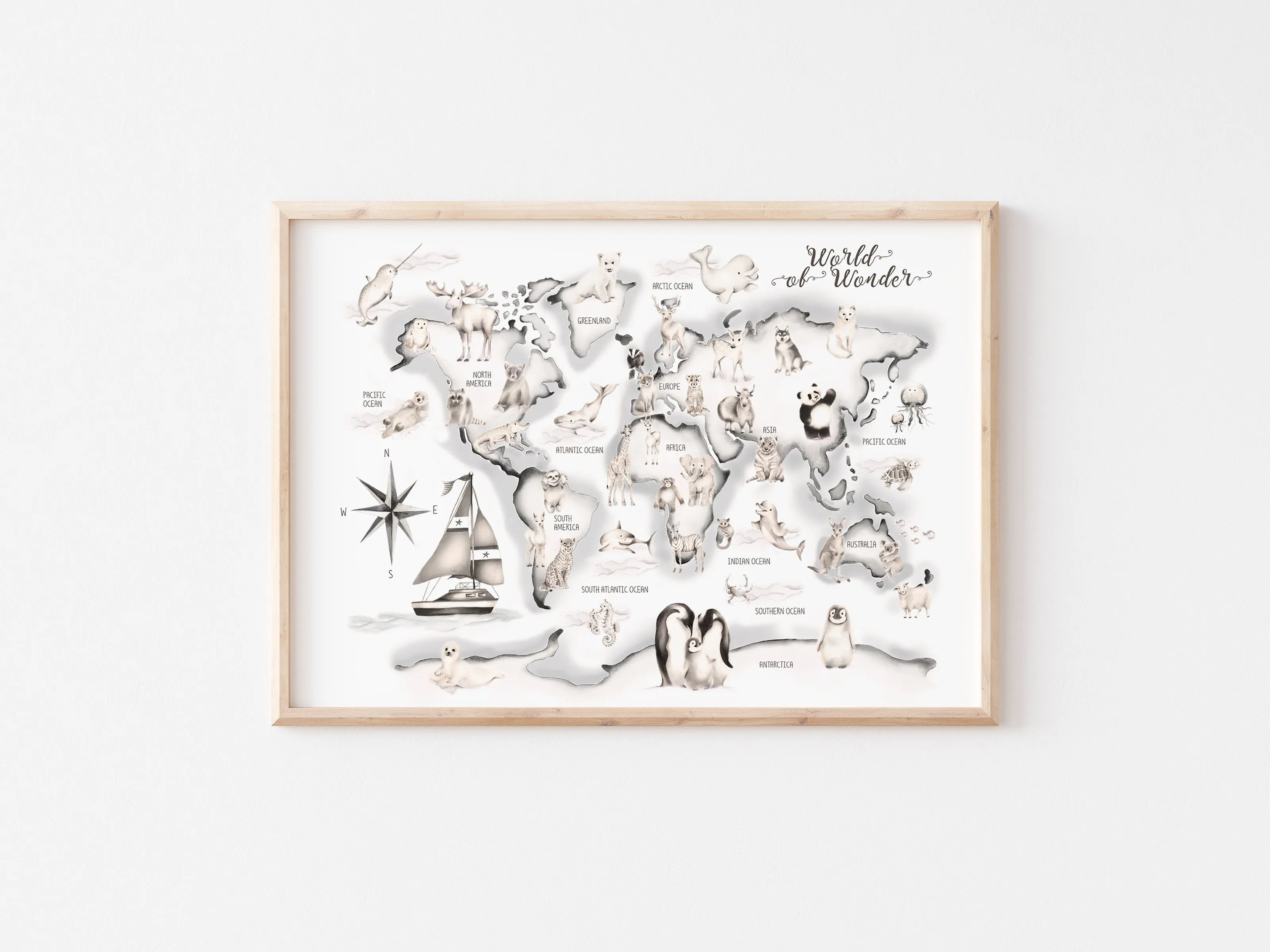 Grey Boat Animal World Map Print