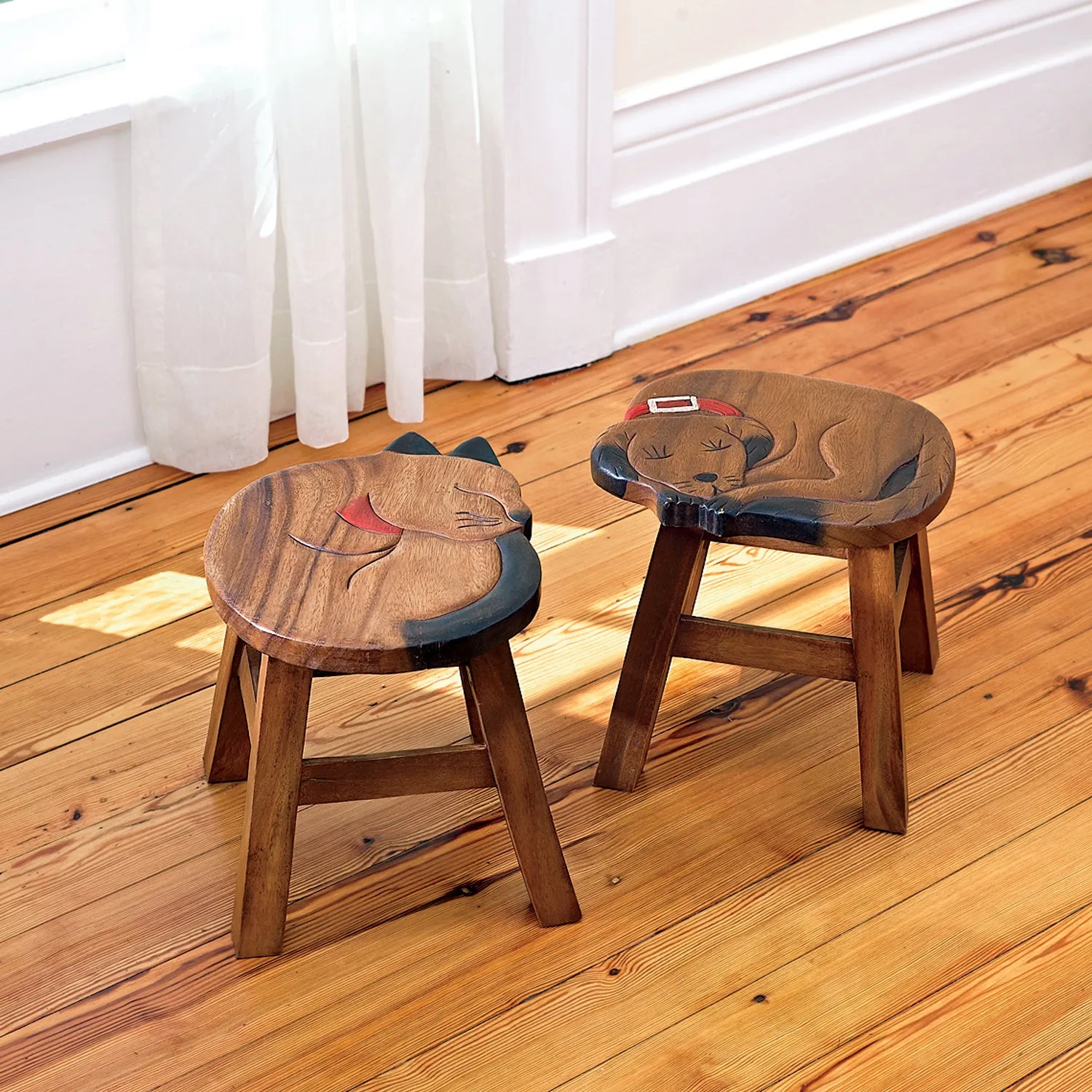 Hand-Carved Acacia Wood Cat Footstool