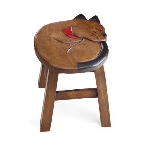 Hand-Carved Acacia Wood Cat Footstool