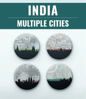 India Coasters - Cityscape Sandstone Coasters Set with Cork Backing – Full Color Indian Cities Skyline Design (2 or 4 Pieces)