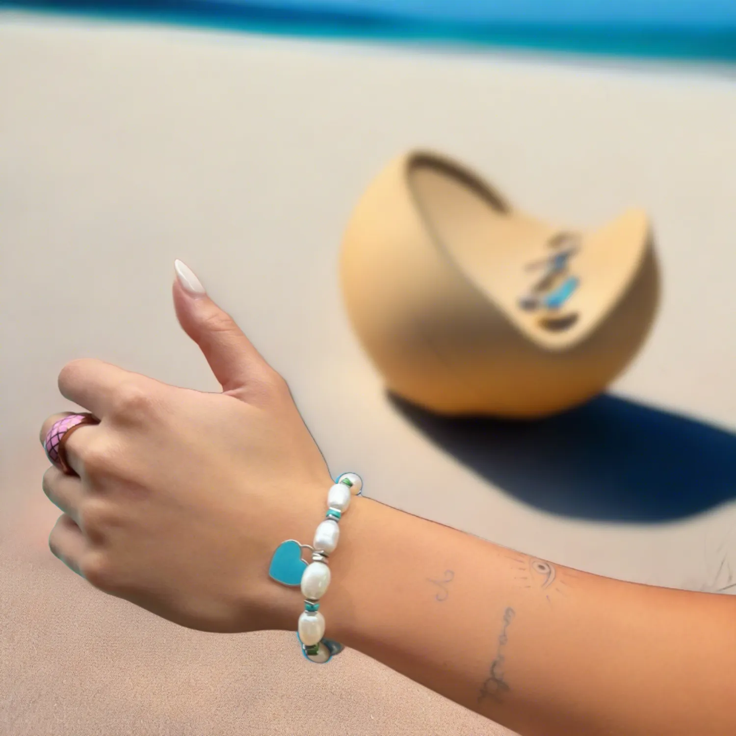 Inner Peace Blue Heart Charm Pearl Beaded Bracelet