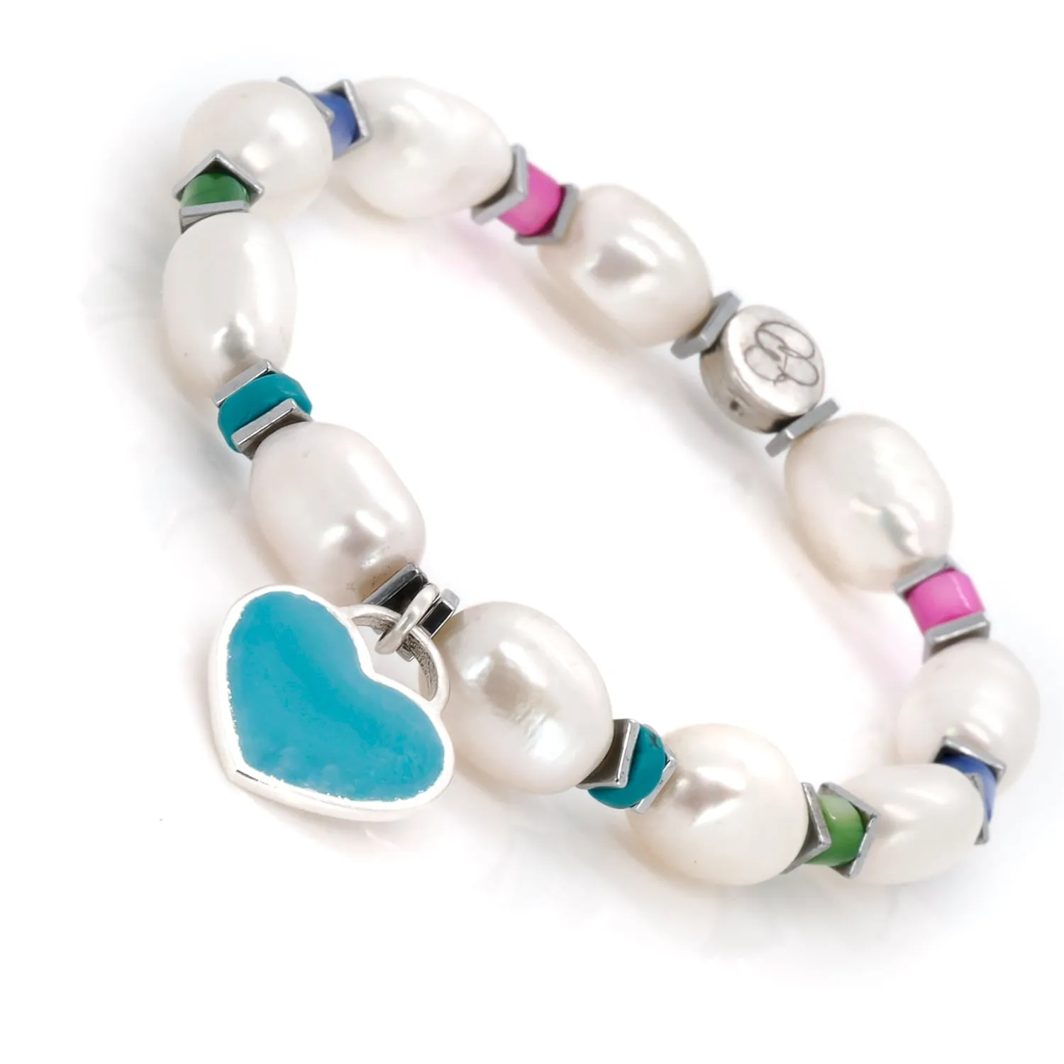 Inner Peace Blue Heart Charm Pearl Beaded Bracelet