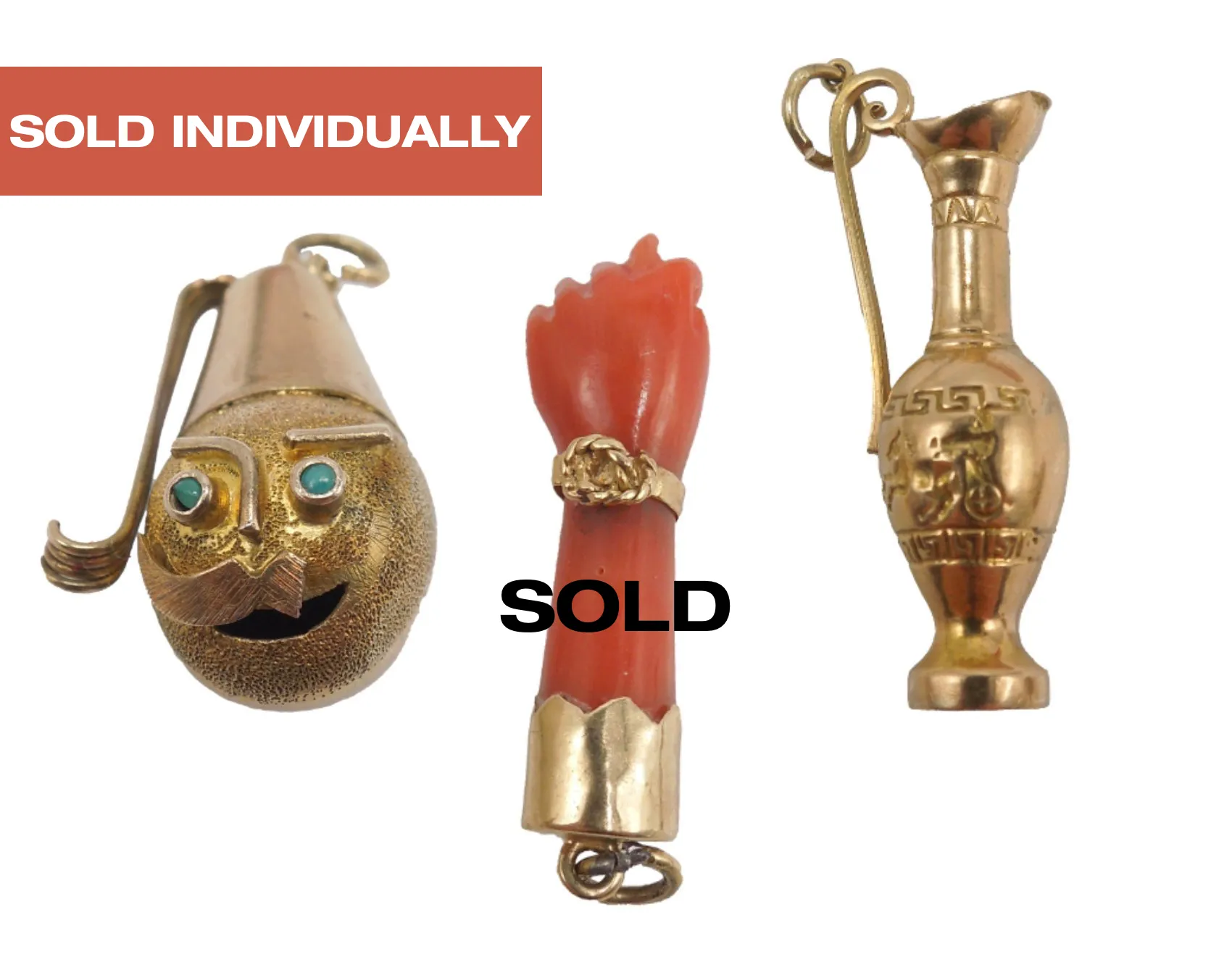 Lot of 3 Gold Charms for Charm Bracelet - Figa, Greek Soldier, Greek Amphora
